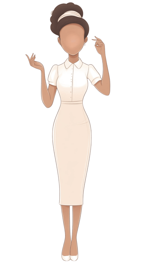 Femme métisse en jupe crayon beige et chemisier blanc, elle montre les liens pour les formations pour devenir une femme digitale de plus de 40 ans.
