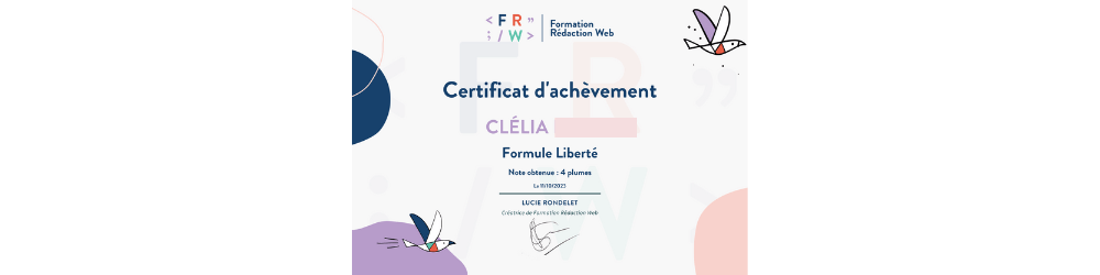 Certificat d'achèvement de la formation rédaction web de Lucie Rondelet