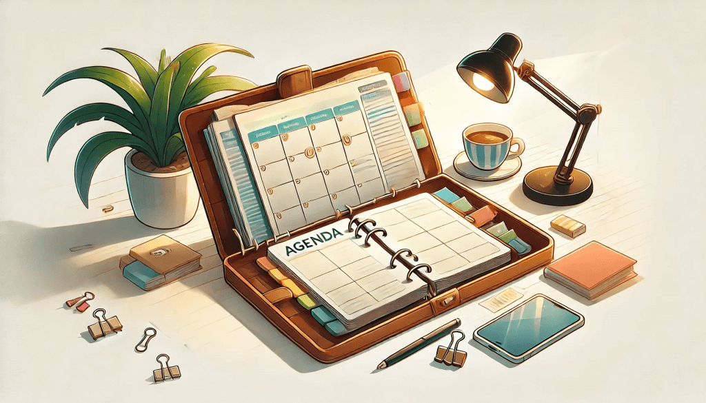 agenda ouvert sur bureau avec lampe, post-it, planre, café,
