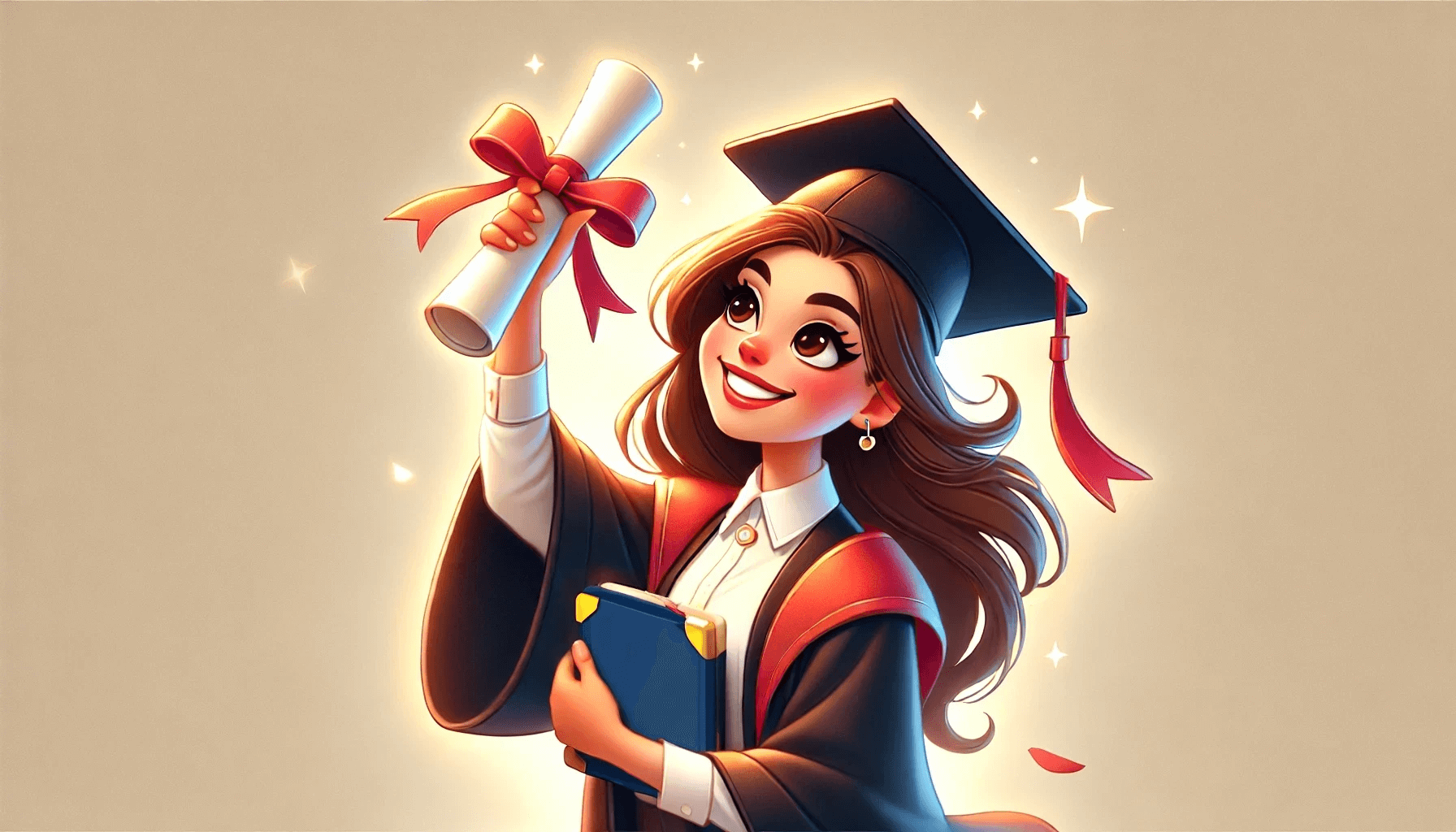 Femme en lauréate brillante qui scintille et qui brandit un diplôme.