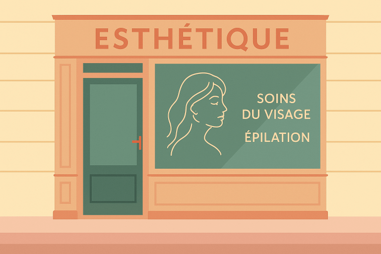Vitrine d'un salon de beauté. Mettre en avant la visibilité de l'institut d'esthétique en ligne. Stratégie pour que les esthéticiennes se démarquent de la concurrence par le référencement local et du contenu SEO pertinent issu de l'approche inbound marketing. AGENCE DIGITALE 06 - À Toi de Briller - Rédaction Web SEO